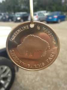 Finisher's medal for the 2014 Greenline Half Marathon